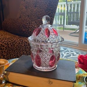 Used cranberry glass colored decorative dish